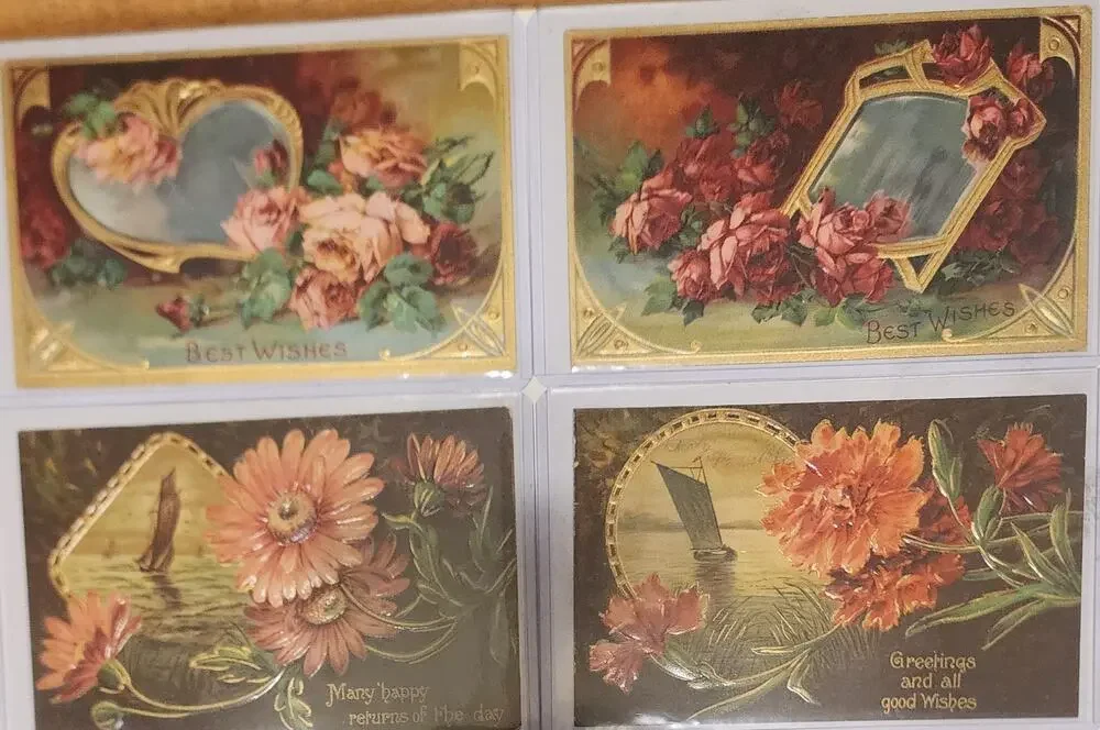 Lot Of Four Vintage Antique Embossed Postcards Flowers